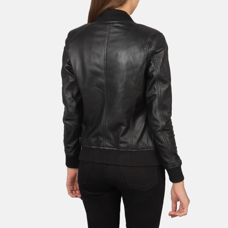 Womens Bliss Black Leather Bomber Jacket Tilted Back-8-1659378671178